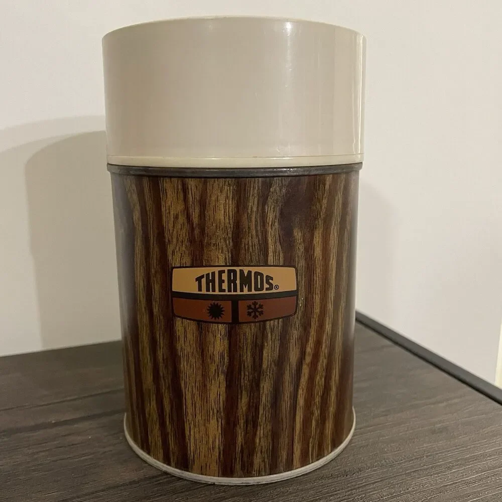 VINTAGE 1970s Wood Grain Thermos King Seeley 10oz Metal 73A63 763 70F Hot & Cold